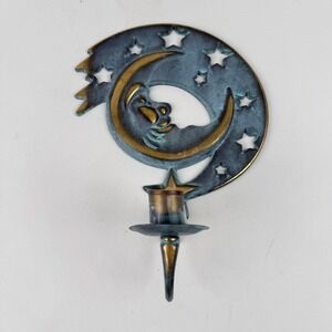 PartyLite Moon and Stars Wall Sconce Candle Holder Verdigris Patina Vintage 8.5"